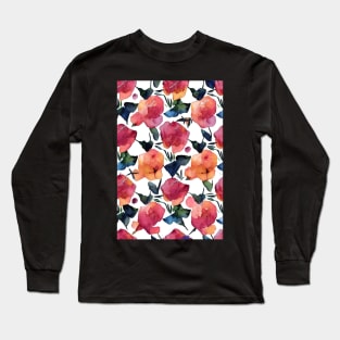 Watercolor Aesthetic Floral Pattern with Orange and Pink Blossoms Long Sleeve T-Shirt